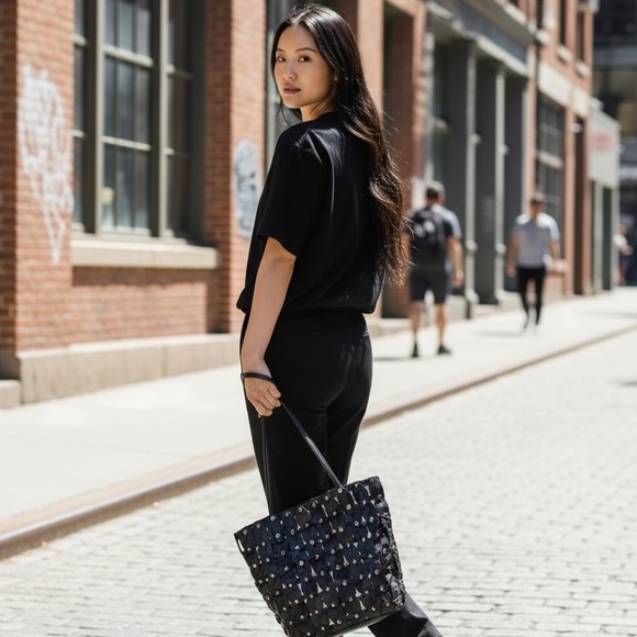 Patricia Nash Mizzana Twisted Braid Leather Tote Bag Black Studded - Picture 2 of 10